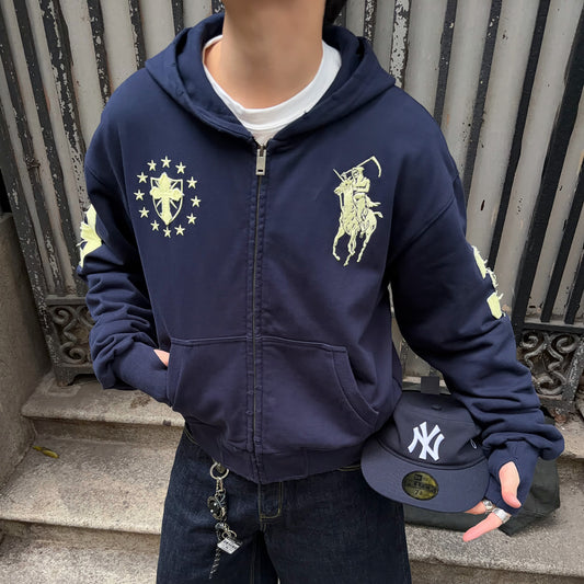 Embroidery Oversize Short Zipper Hoodie WN24393