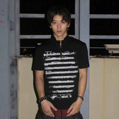 High-Neck Music Note Graphic Short Sleeve T-Shirt WN27146