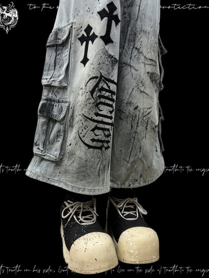 Cross Print Cargo Wide Leg Cropped Denim Jeans & Skull Belt & Cross Belt & Belt Chain WN23794