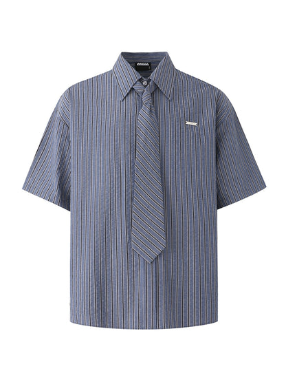 Striped Design Short Sleeve Shirt & Tie WN20265