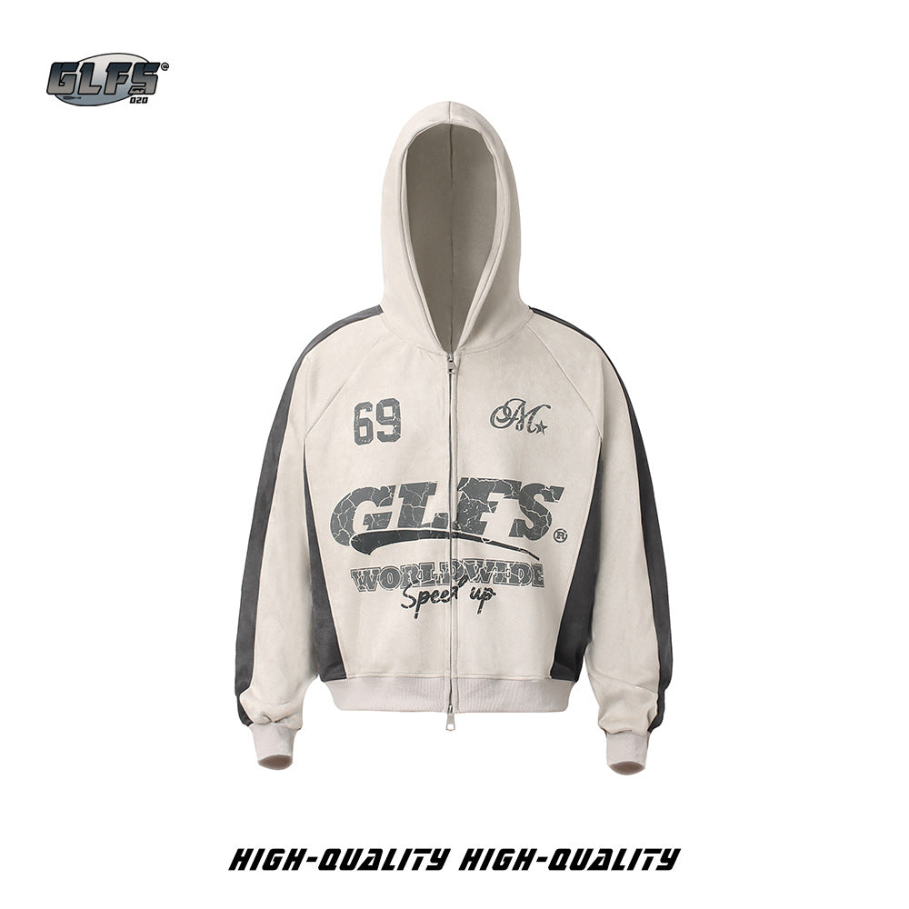 Suede Panel Letter Print Zipper Hoodie WN26524