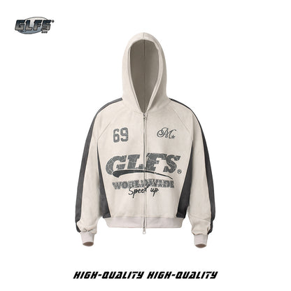 Suede Panel Letter Print Zipper Hoodie WN26524