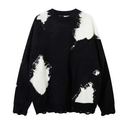 Colorblock Damage Design Oversize Knit Sweater WN10919