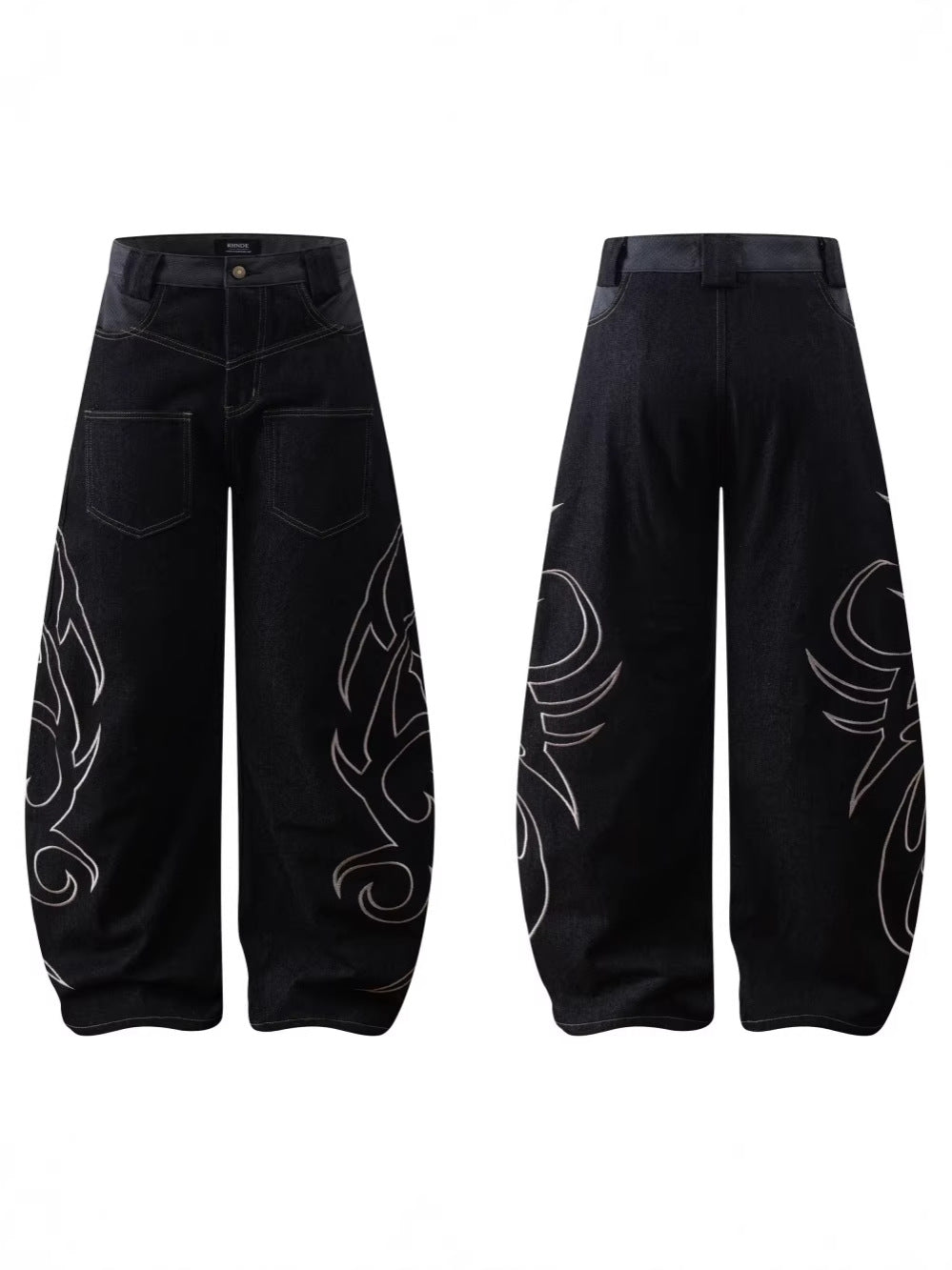 Flame Embroidery Wide Leg Raw Denim Jeans WN28071