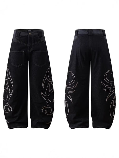 Flame Embroidery Wide Leg Raw Denim Jeans WN28071