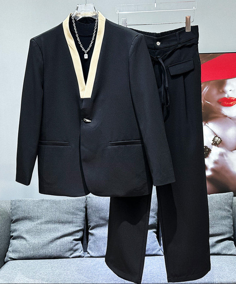 V-Neck Color Block Oversize Tailored Jacket & Straight Trousers Setup WN23919