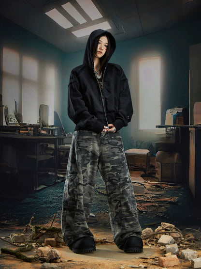 Fringe Deconstructed Patchwork Short Zipper Hoodie WN20583