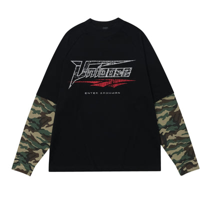 Cracked Letter Splicing Camouflage Fake Layered Long Sleeve T-shirt WN8422