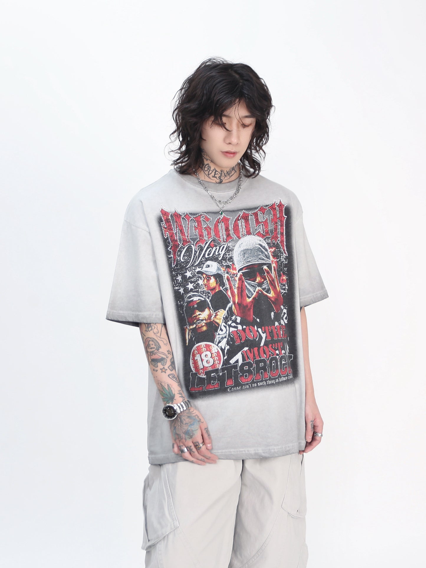 Rhinestone Print Washed Oversize Short Sleeve T-Shirt WN24417