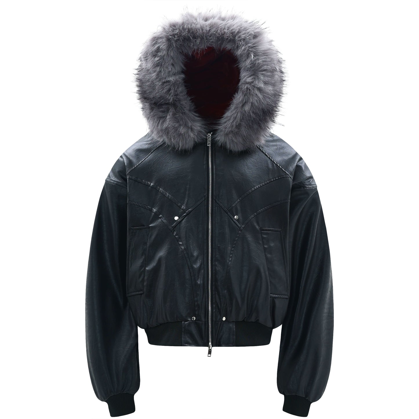 Hooded Matte PU Leather Fake Fur-Collar Jacket WN22220