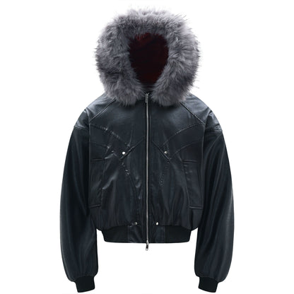 Hooded Matte PU Leather Fake Fur-Collar Jacket WN22220