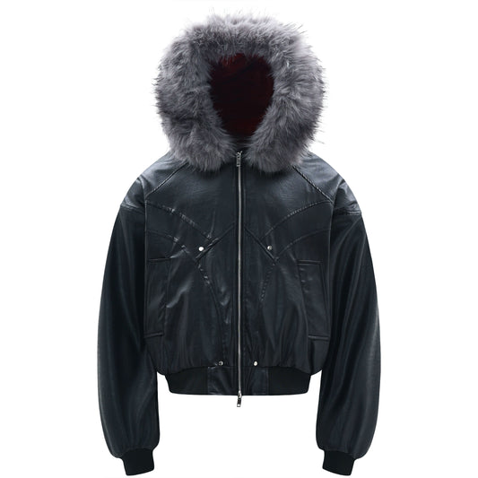 Hooded Matte PU Leather Fake Fur-Collar Jacket WN22220