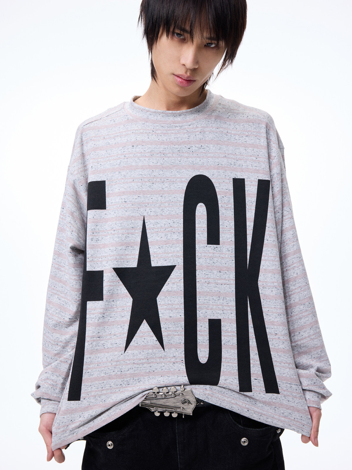 Contrast Stripe Slogan Print Oversize Long Sleeve T-Shirt WN27321