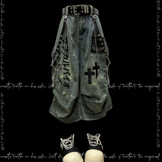 Washed Pleats Patch Wide Leg Cargo Half Denim Jeans & Belt & Chain WN20102