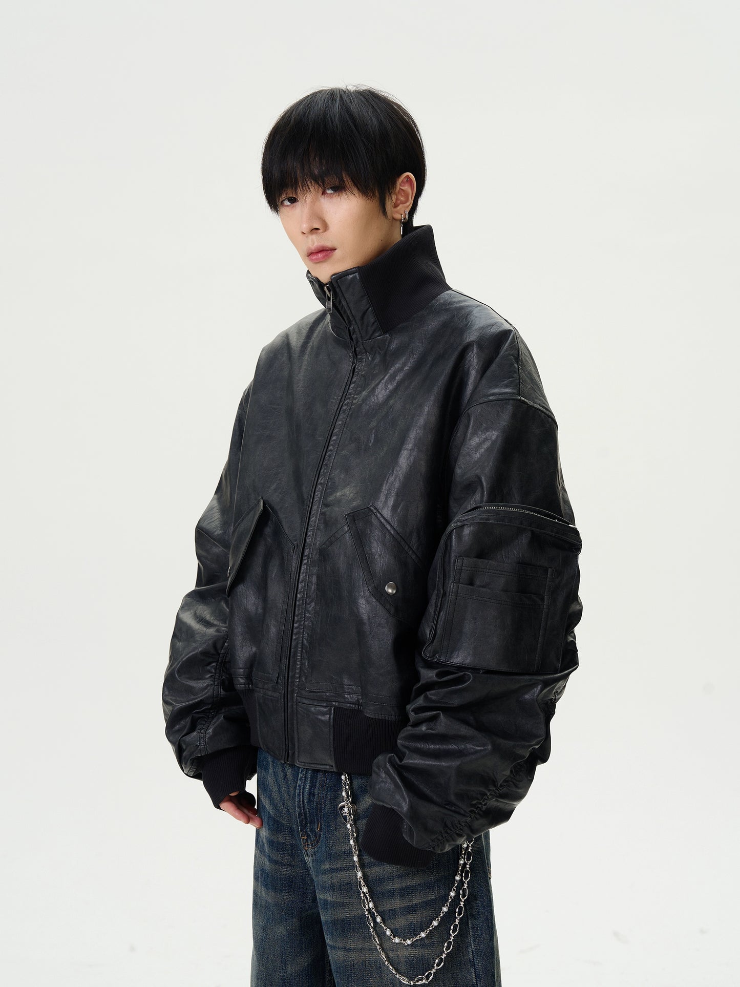 Standing-Collar PU Leather Puffer Jacket WN16380