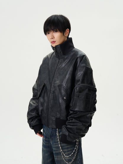 Standing-Collar PU Leather Puffer Jacket WN16380