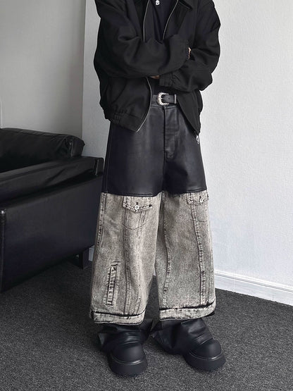 PU Leather Mix Wide Leg Denim Jeans WN19359