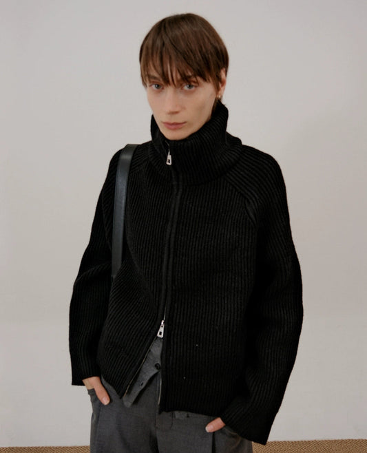 Thick Zipper Stand Neck Knit Cardigan WN21673