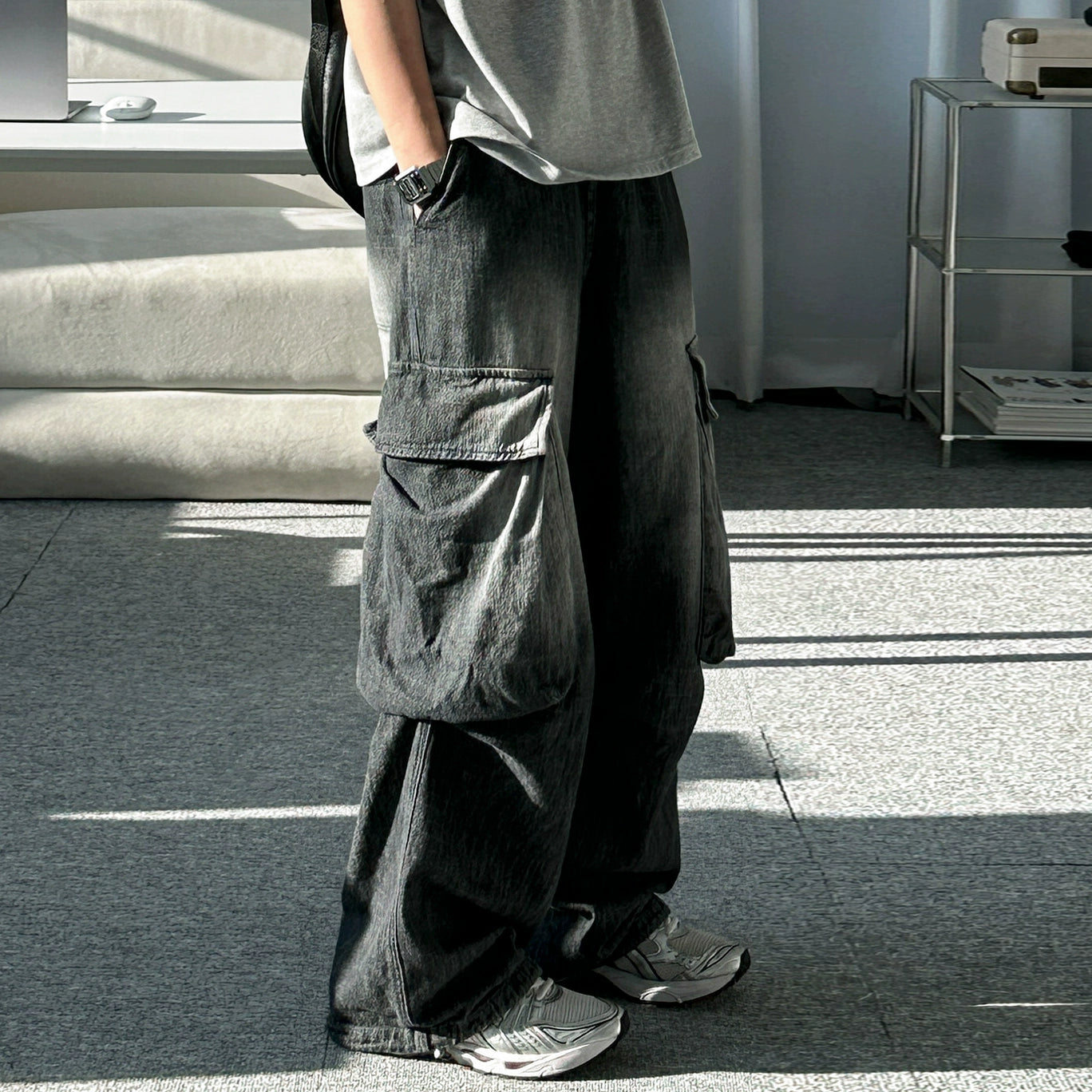 Washed Wide Leg Cargo Denim Jeans WN20284