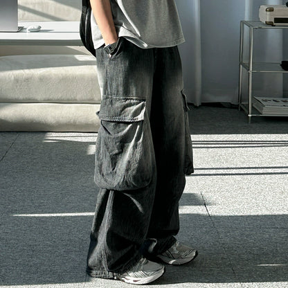 Washed Wide Leg Cargo Denim Jeans WN20284