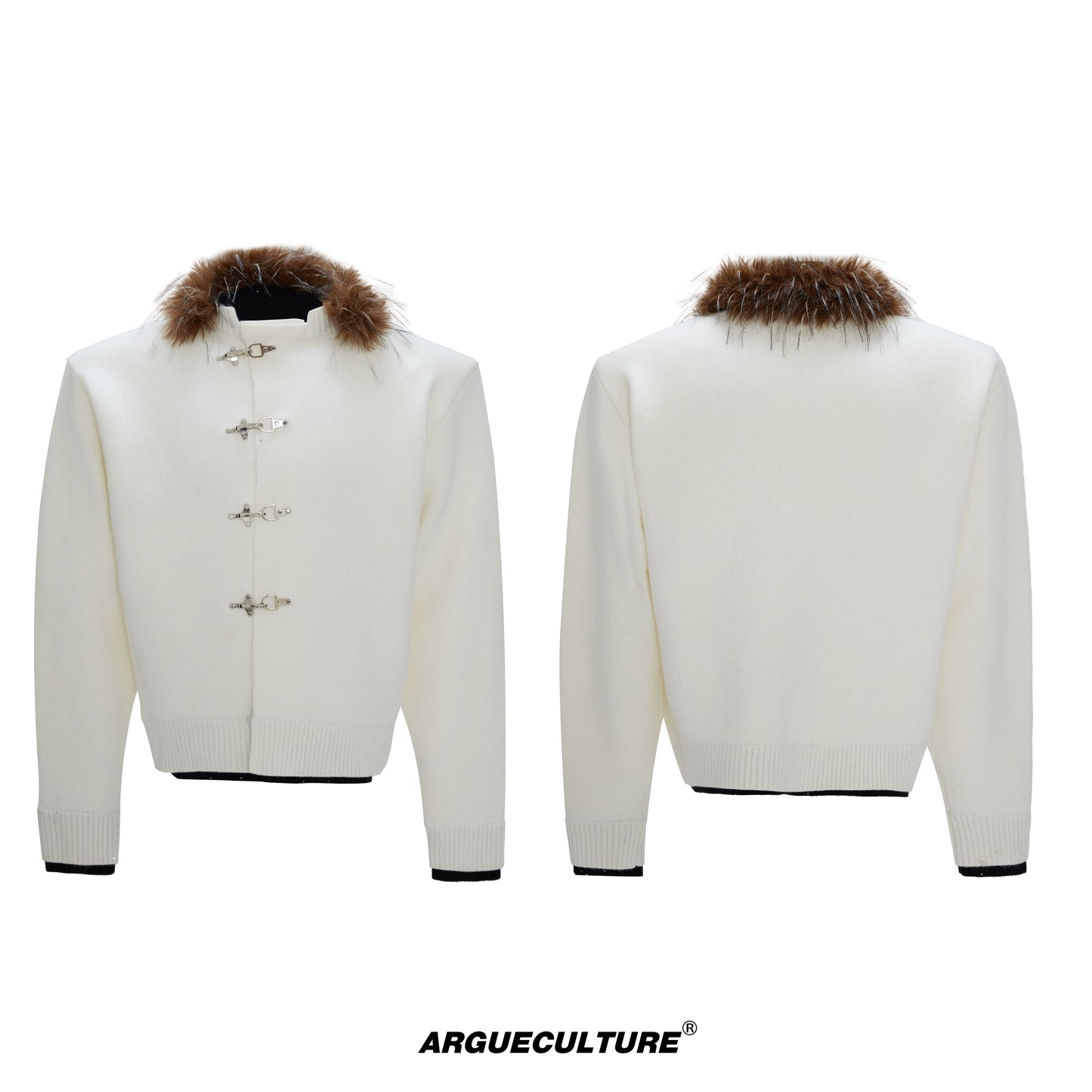 Sequin Fake Fur Collar Metal Buckle Knit Cardigan WN22592