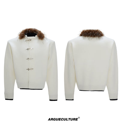 Sequin Fake Fur Collar Metal Buckle Knit Cardigan WN22592