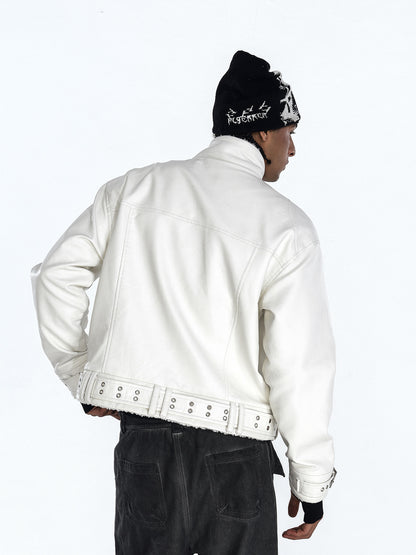 Stand Neck Zipper Panel PU Leather Jacket WN27450