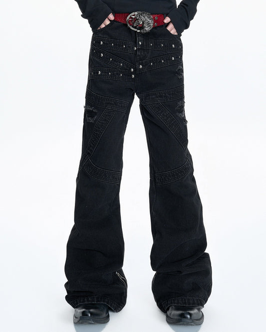 Wash Rivet Damage Patchwork Flare Denim Jeans WN23551