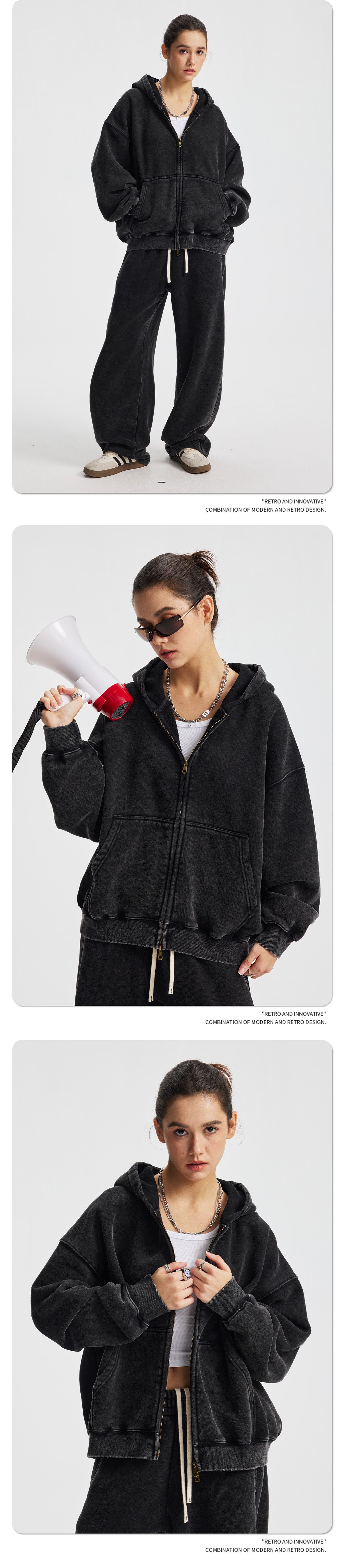 Fleece Lining Zip-Up Wax Dye Zipper Hoodie WN23111