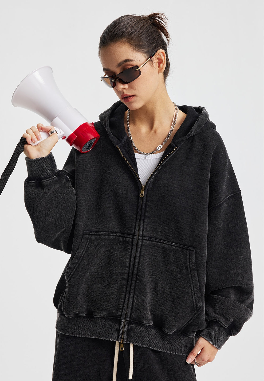 Fleece Lining Zip-Up Wax Dye Zipper Hoodie WN23111