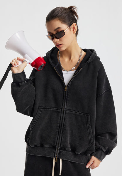 Fleece Lining Zip-Up Wax Dye Zipper Hoodie WN23111