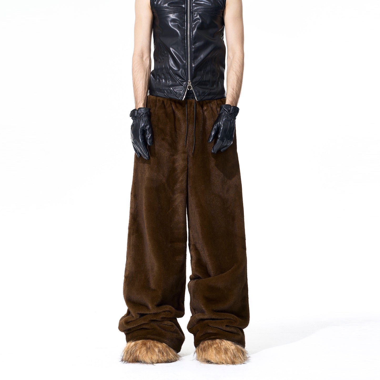 Reversible Fake Fur Stand Neck PU Leather Jacket & Pants Setup WN21827