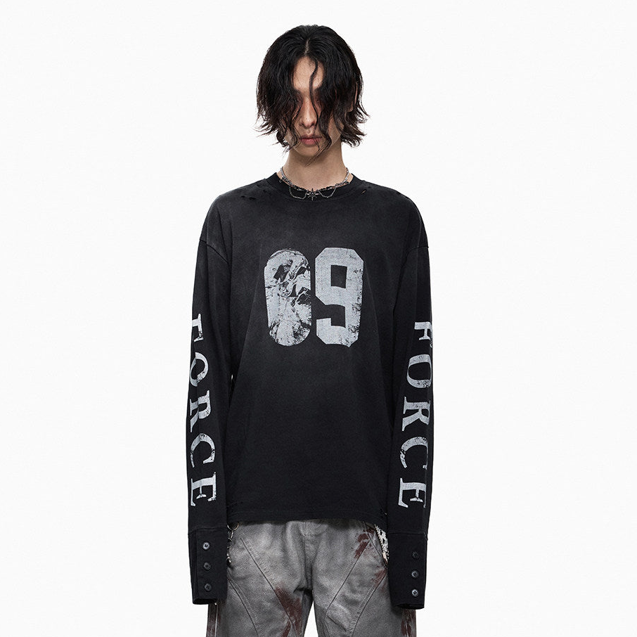 Hole Washed Stain Button-Cuff Long Sleeve T-Shirt WN27302