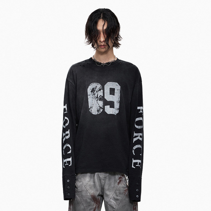Hole Washed Stain Button-Cuff Long Sleeve T-Shirt WN27302