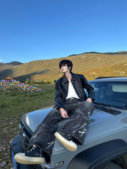 Hand-Paint Graffiti Metal Button Flare Denim Jeans WN20762