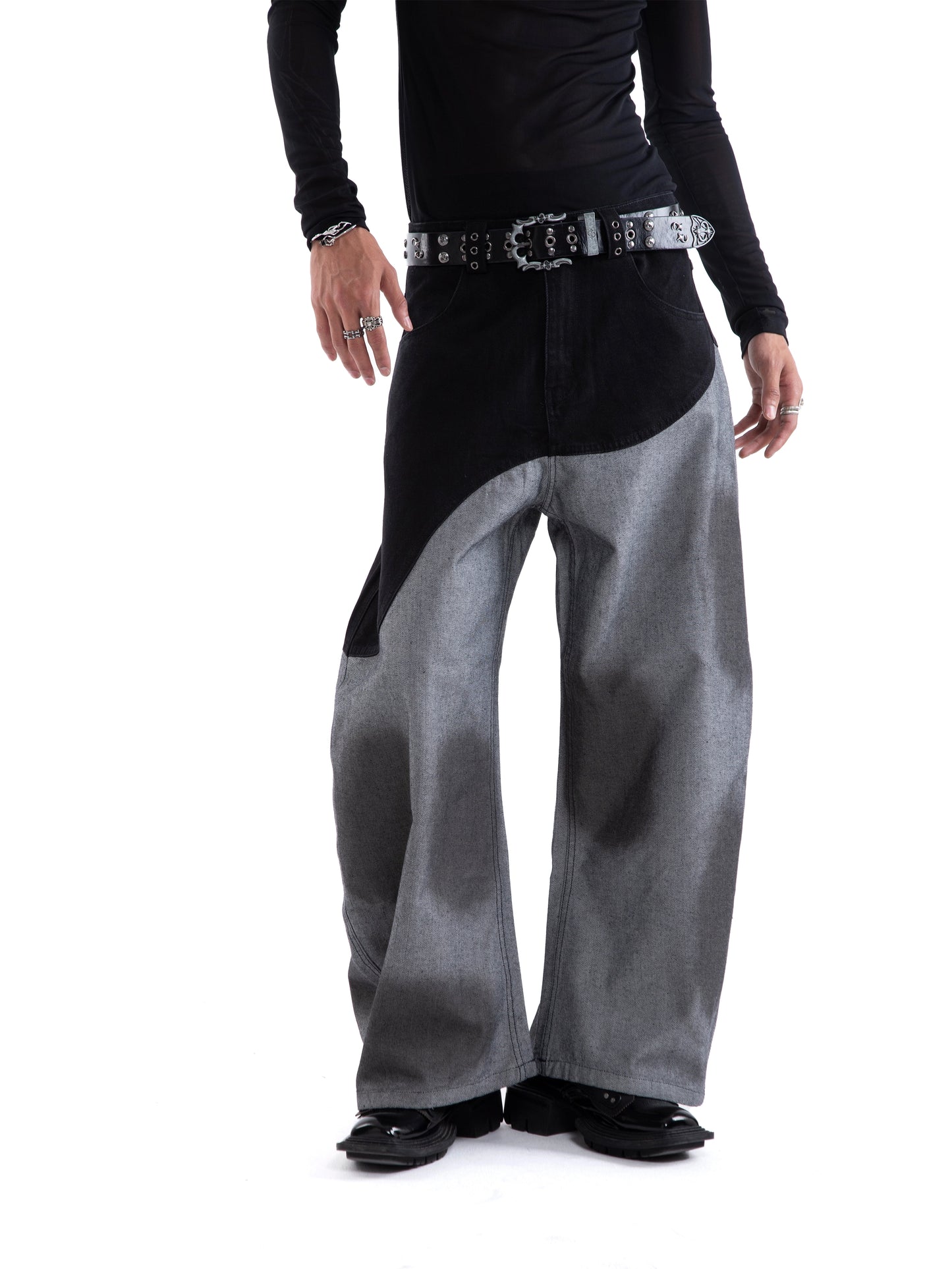 Color-Block Hand Paint Waxed Wide Leg Denim Jeans WN20654