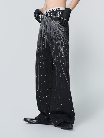 Rhinestone Gradient Wide Leg Denim Jeans WN24318