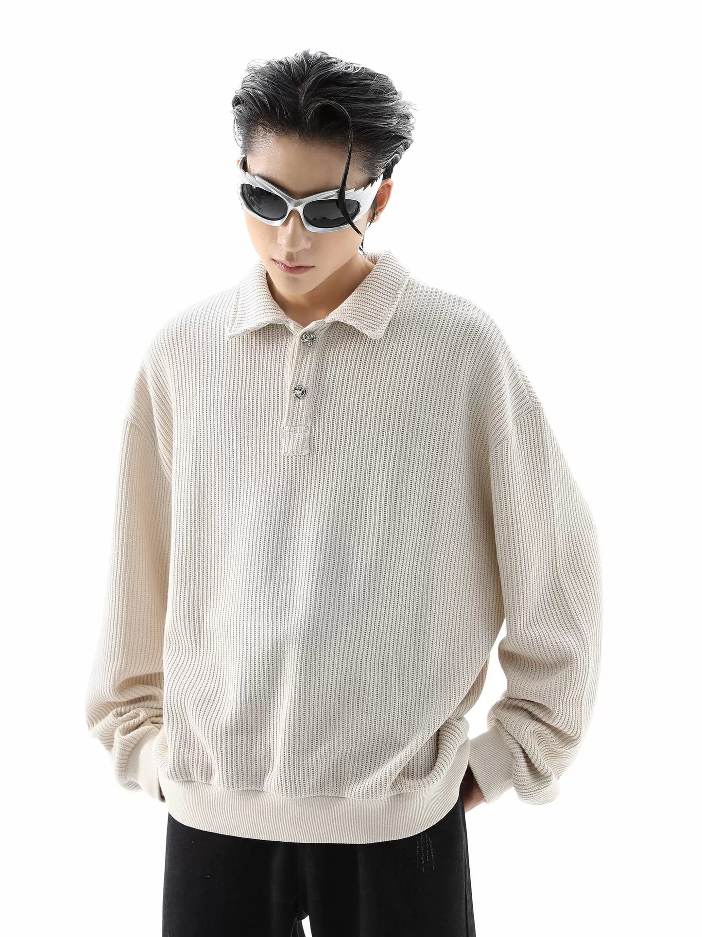 Plain Polo Collar Oversize Knit Sweater WN10424