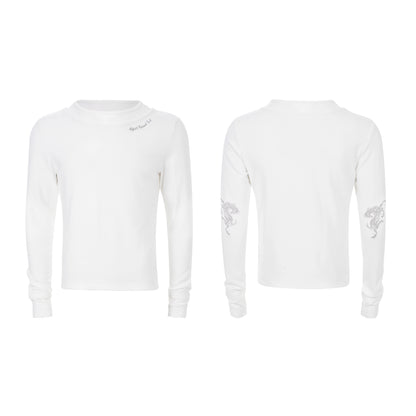 Double-Layered Neckline Embroidery Horse Logo Long Sleeve T-Shirt WN22654