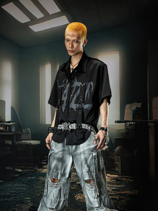 Graphic Letter Print Strap Patchwork Turn-Down Collar Short Sleeve Shirt WN18486