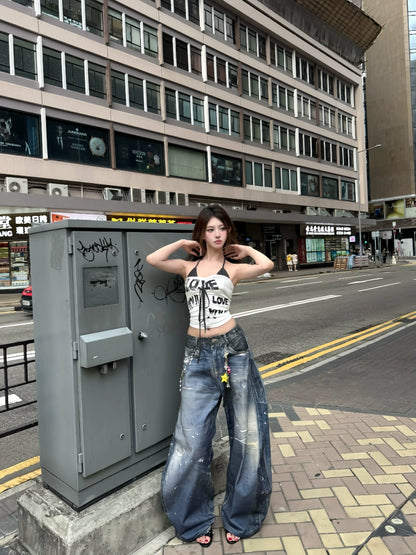 3D Print Wash Wide Leg Denim Jeans WN20741