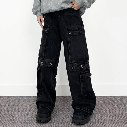 Multi Pocket Strap Detail Wide Leg Denim Jeans WN24289