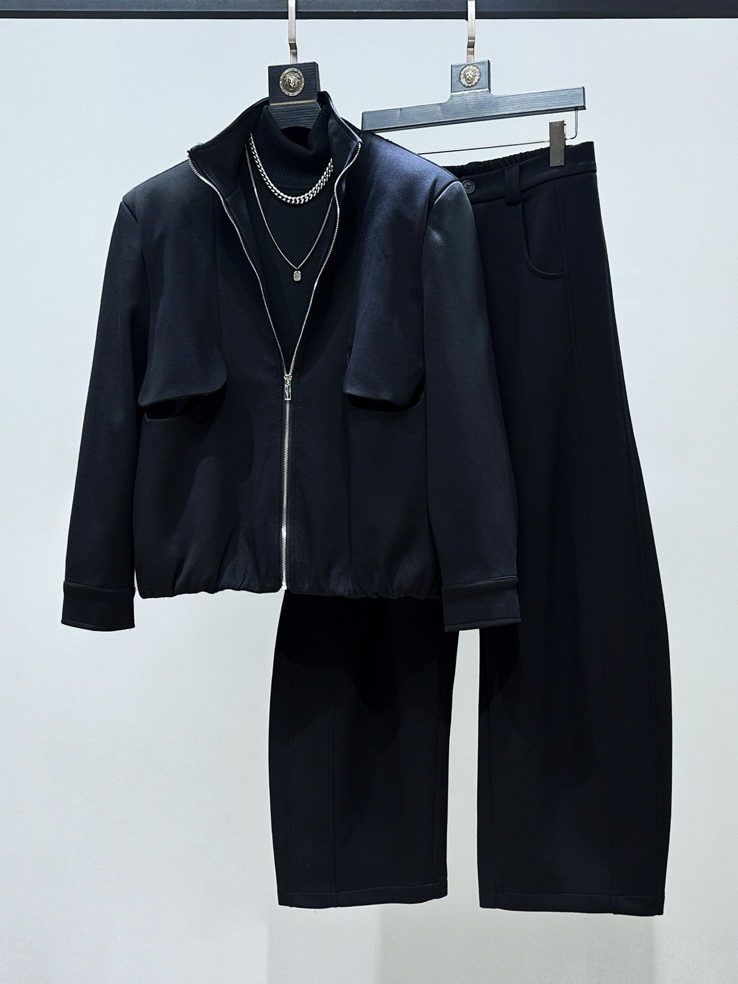 Standing-Collar Short Jacket & Curved Straight Pants Setup WN23866