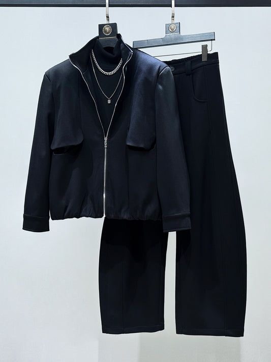 Standing-Collar Short Jacket & Curved Straight Pants Setup WN23866