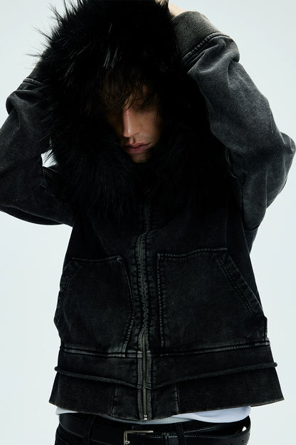 Detachable Fake Fur Washed Zipper Hoodie WN9072