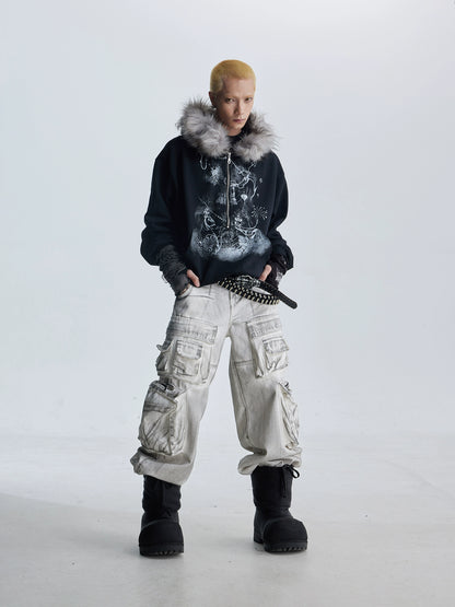 Fake Fur Art Print Oversize Half Zipper Hoodie WN20804