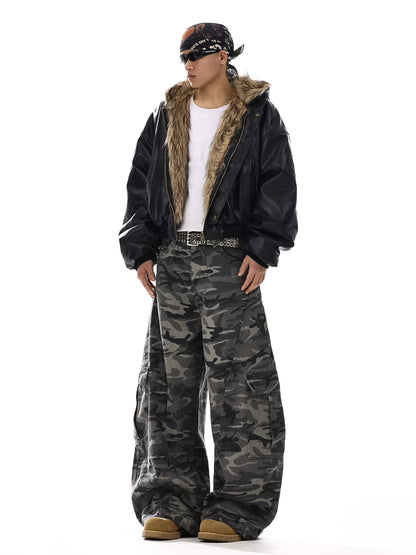 Camouflage Wide-Leg Cargo Denim Jeans WN15139