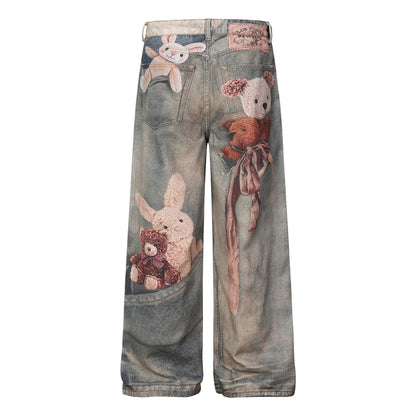 Washed 3D Graphic Print Wide Leg Denim Jeans WN26139
