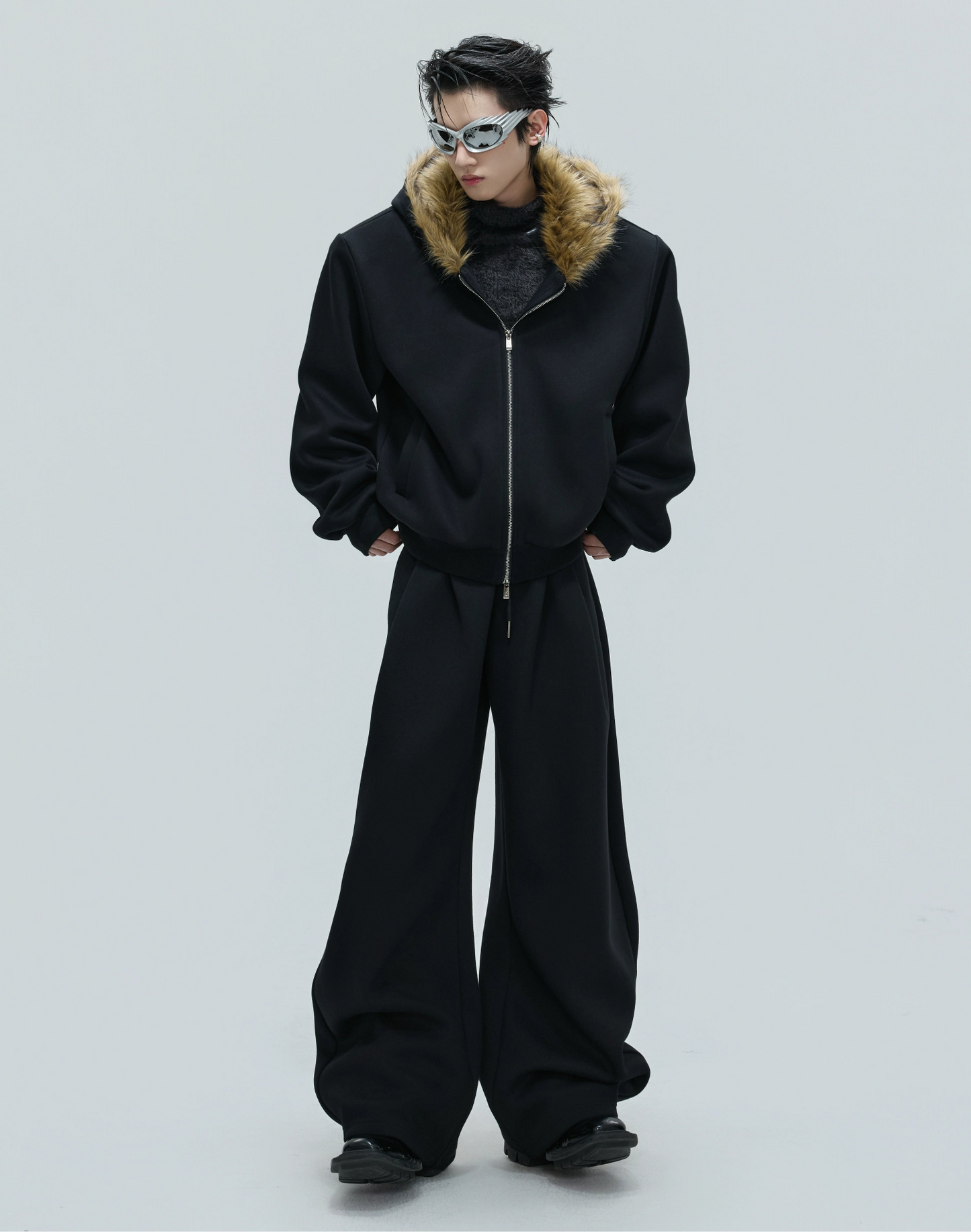 Fur Collar Zipper Hoodie & Sweatpants Setup WN21744