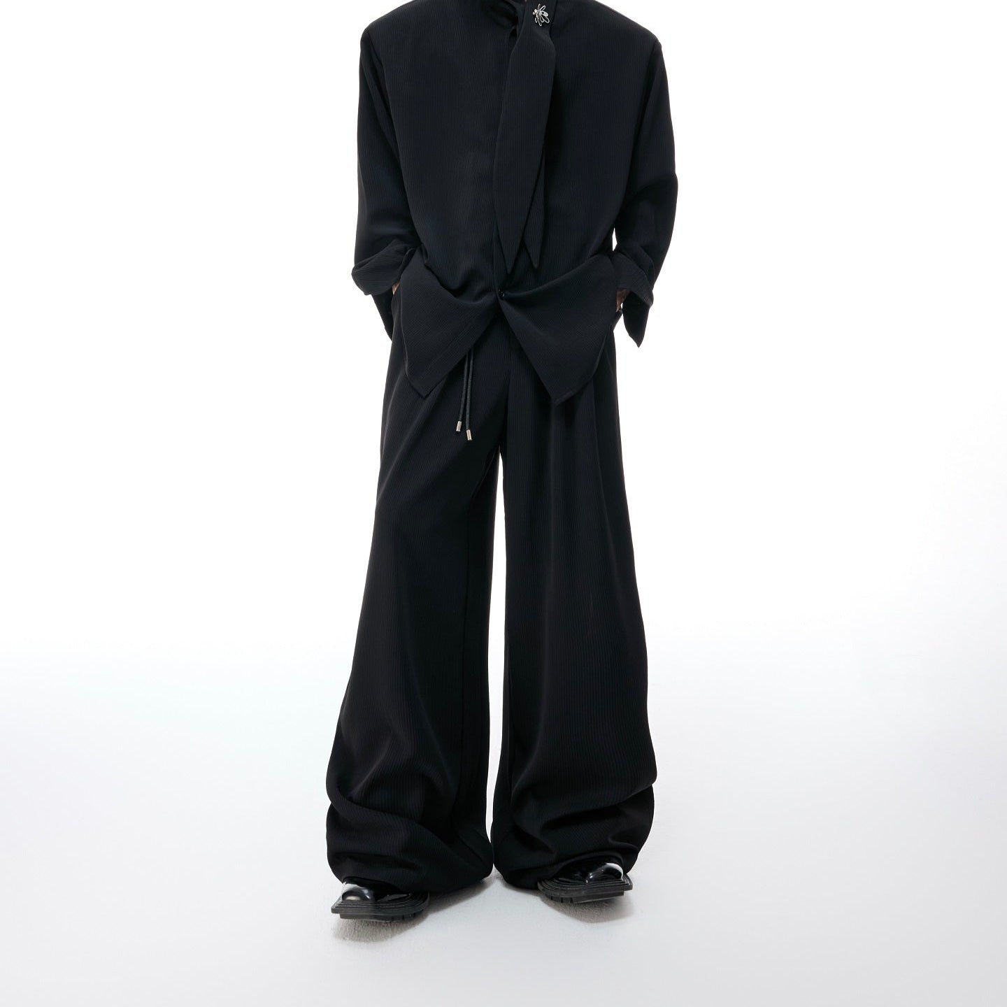 Ribbon Tie Shoulder-Pad Long Sleeve Shirt & Wide Leg Pants Setup WN20528